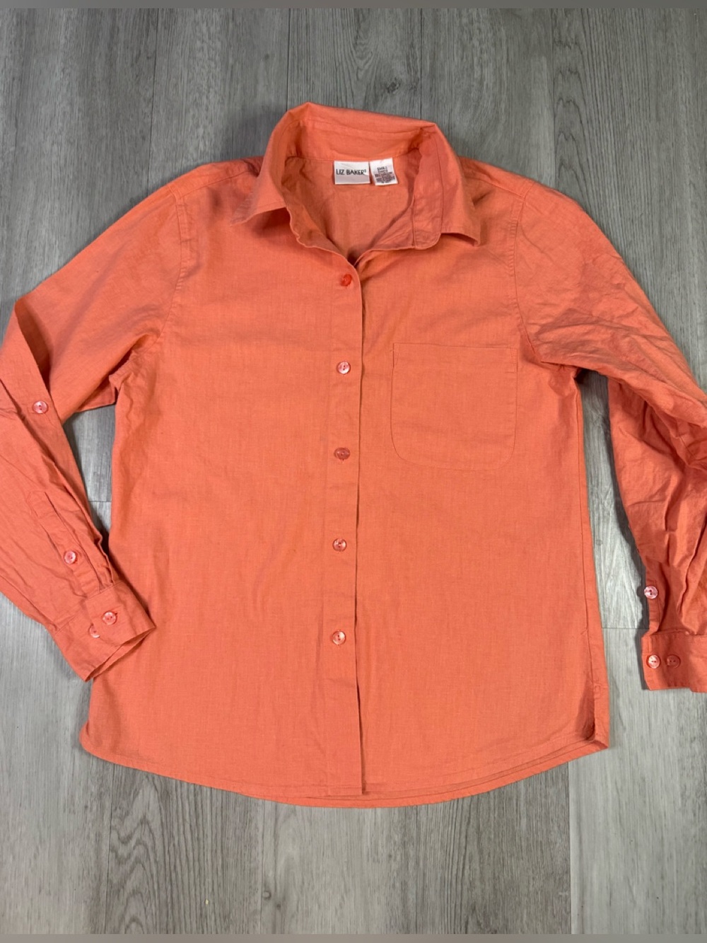 Liz Baker Vintage Orange Coral Linen Cotton Button-Up Collared Long Sleeve Top S